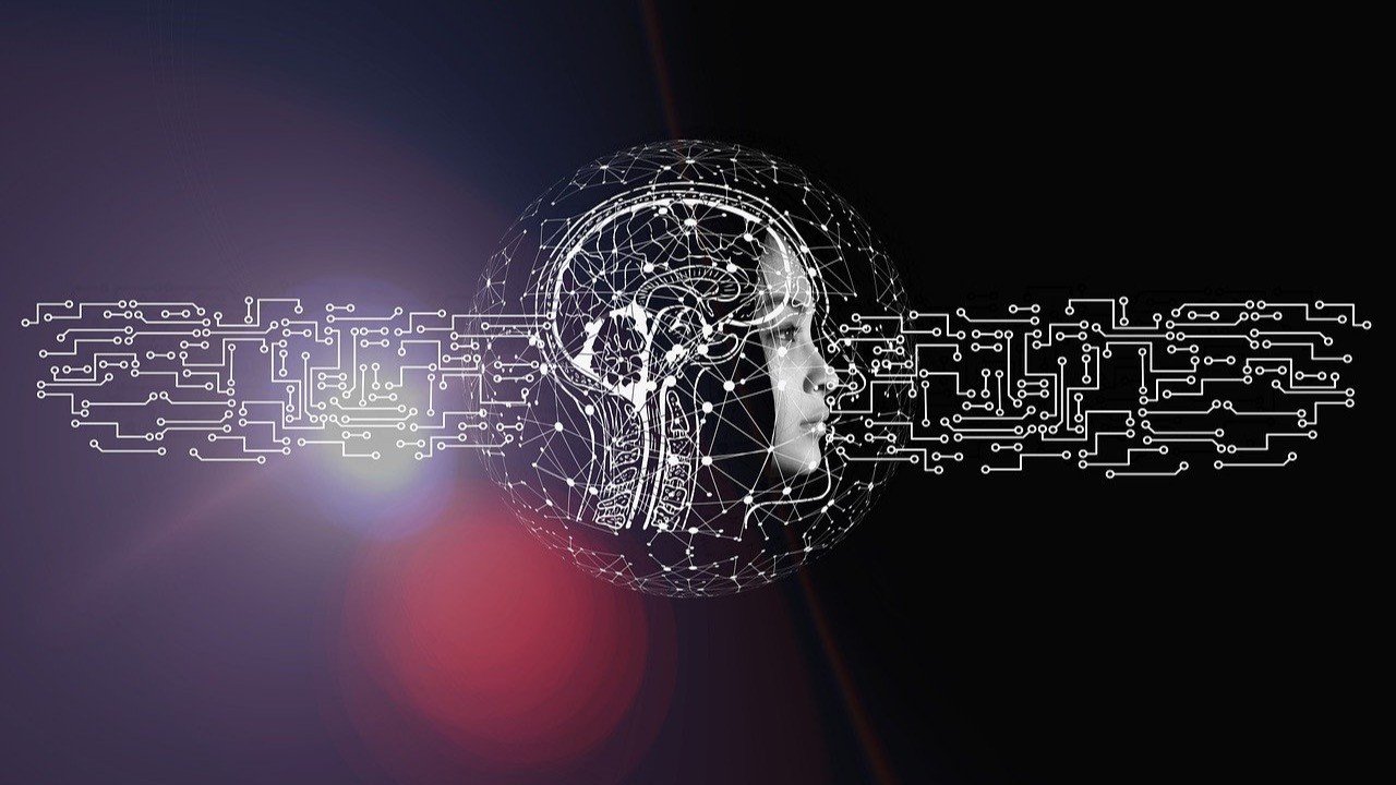 Artificial intelligence head illustration representing neural networks, machine learning and mathematical AI systems
