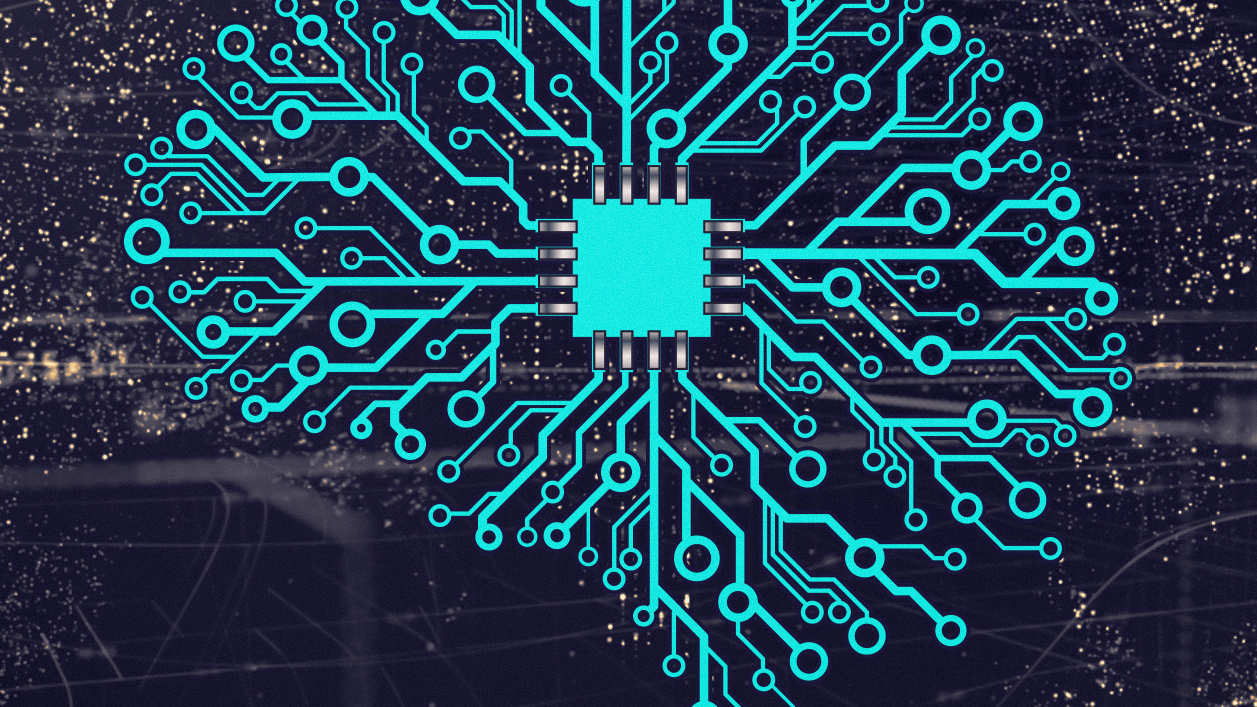 Digital brain and circuit illustration representing artificial neural networks and machine learning