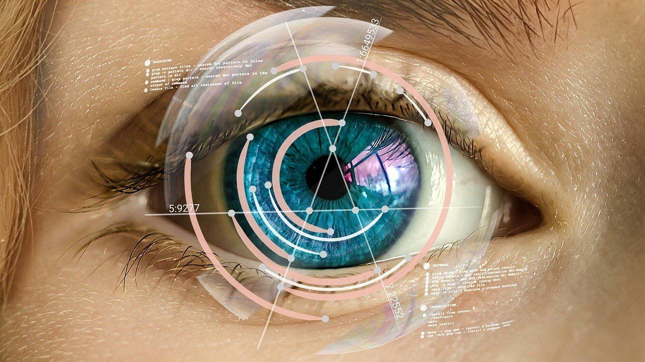 Conceptual artificial intelligence eye representing machine learning, data and pattern recognition