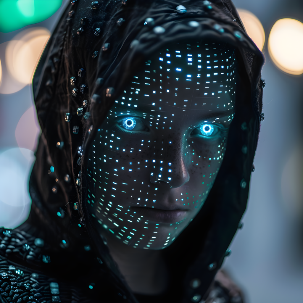 Futuristic human face illuminated with digital AI patterns representing artificial intelligence, control and human responsibility