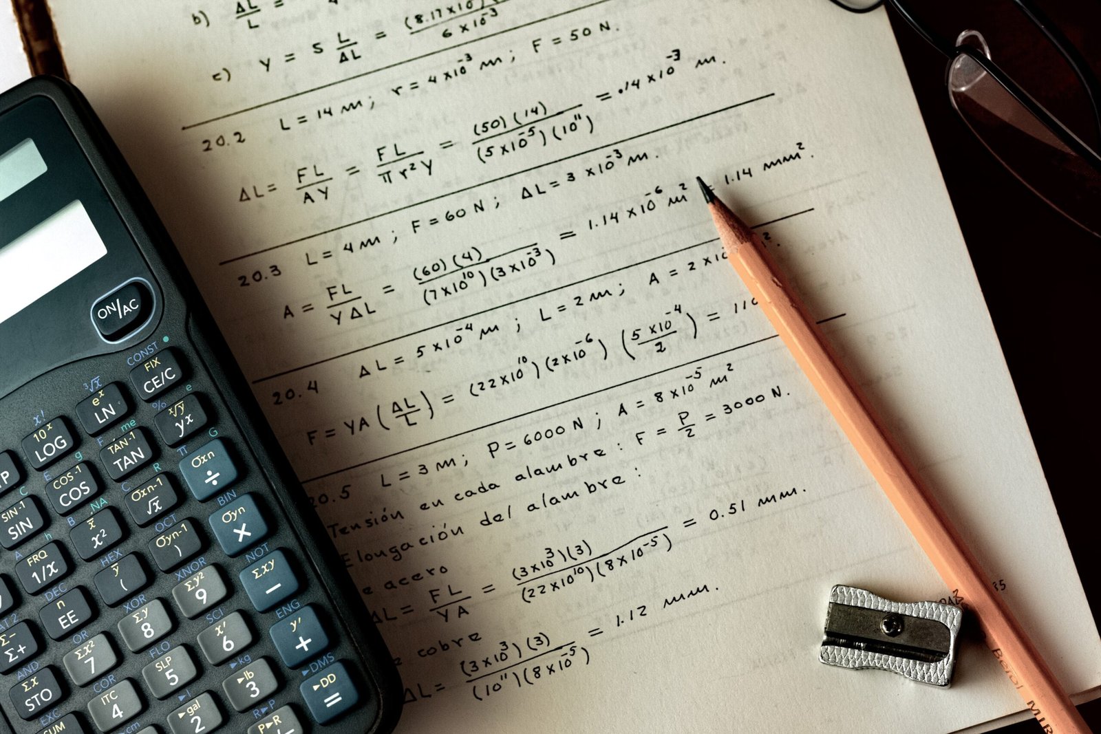 Calculator, pencil and handwritten equations illustrating the mathematics behind neural network backpropagation