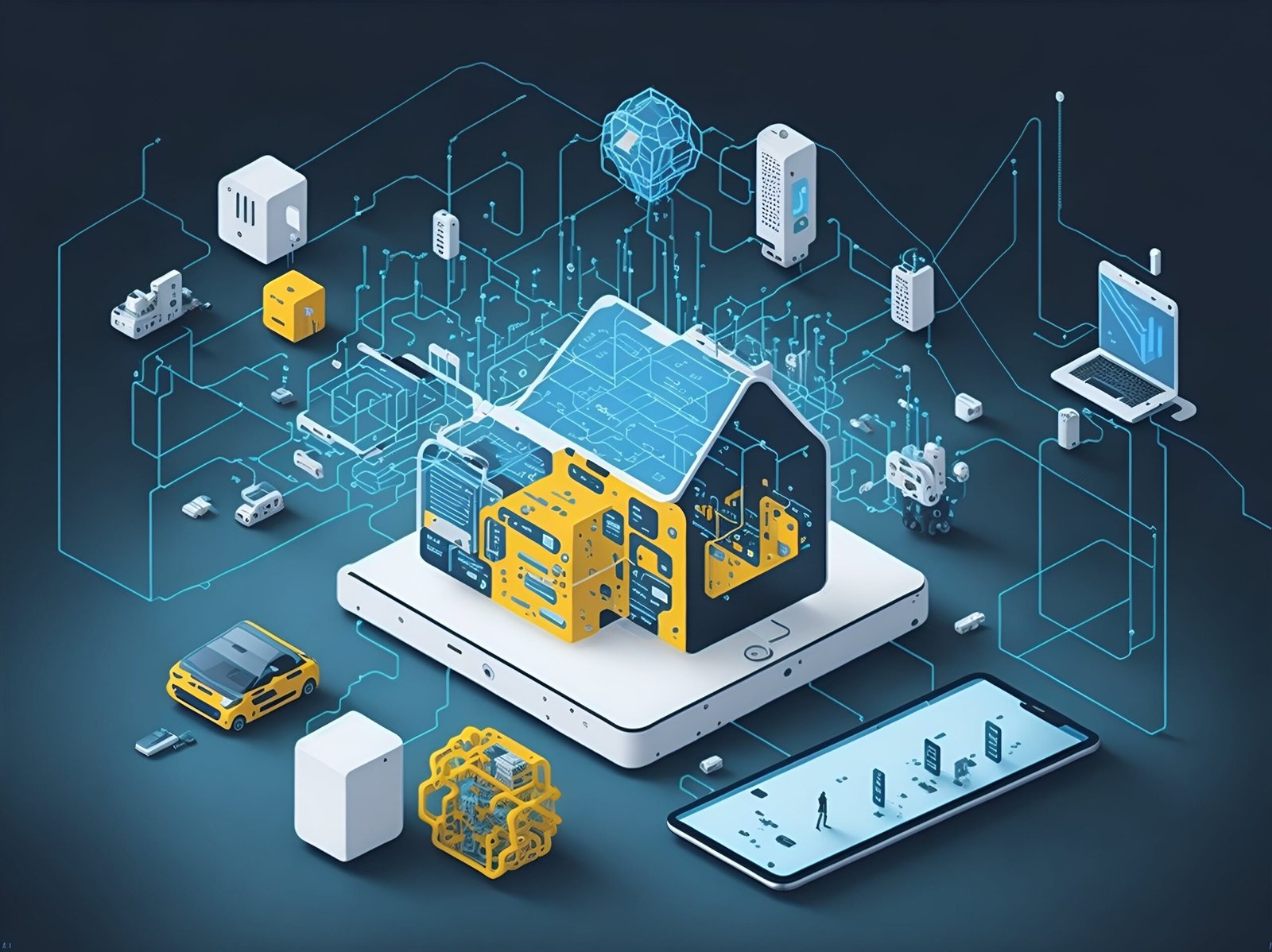 Illustration of a private local AI system connecting AI infrastructure, devices and digital services